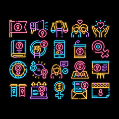 Poster - Feminism Woman Power neon light sign vector. Glowing bright icon Feminism Symbol On Flag And Gps Mark, Lesbians And Hand Hold Scales, Equality And Love Illustrations