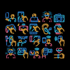 Poster - gadget and device neon light sign vector. glowing bright icon smartphone and tablet, photo and video