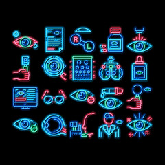 Poster - optometry medical aid neon light sign vector. glowing bright icon optometry doctor equipment and pil