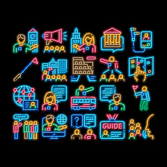 Poster - Guide Lead Traveler neon light sign vector. Glowing bright icon Bus And Media Player Guide, Badge And Loudspeaker, Speak And Show Landmark Tourism Illustrations
