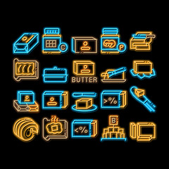 Sticker - Butter Or Margarine neon light sign vector. Glowing bright icon Butter On Piece Of Bread And Knife, Sliced And Cut, In Package And Bottle, Fat And Vitamin Illustrations