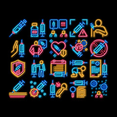 Poster - vaccination syringe neon light sign vector. glowing bright icon healthcare vaccination, baby and hum