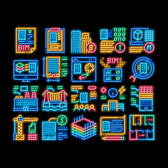Fototapete - Bim Building Information Modeling neon light sign vector. Glowing bright icon Building Document And Plan, Research And Build Construction, Bridge And Apartment Illustrations