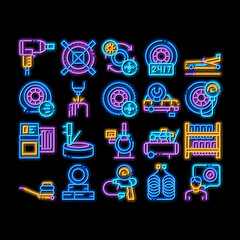 Poster - Tire Fitting Service neon light sign vector. Glowing bright icon Tire Fitting Station Equipment Pump And Jack, Diagnostic Device And Wheel Repair Tool Illustrations
