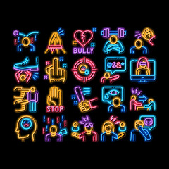 Poster - Bullying Aggression neon light sign vector. Glowing bright icon Internet Bullying And Name-calling, Beating And Showing Indecent Gesture Illustrations