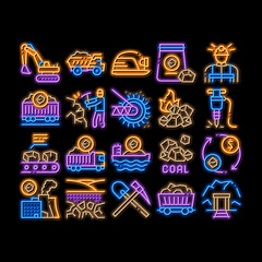 Poster - Coal Mining Equipment neon light sign vector. Glowing bright icon Coal Truck Delivery And Conveyer, Helmet And Jackhammer, Excavator And Factory Illustrations