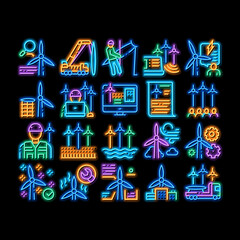 Poster - wind energy technicians neon light sign vector. glowing bright icon repair and research, delivery de
