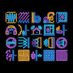 Sticker - Soundproofing Building Material neon light sign vector. Glowing bright icon Of Soundproofing Windows And Roof, Wall Insulation And Floor Covering Illustrations