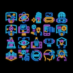 Poster - Simulation Equipment neon light sign vector. Glowing bright icon Virtual Reality Vr Glasses And Simulation Device, 360 Degree View And Rotation Arrows Illustrations
