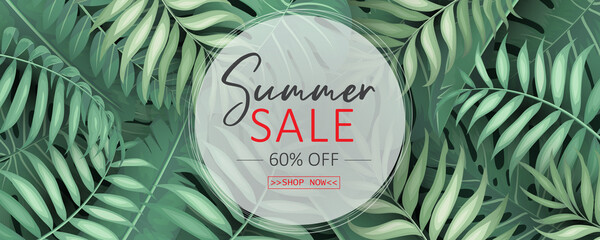 Summer sale banner design with tropical leaves background