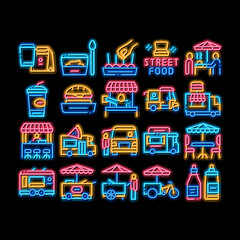 Canvas Print - Street Food And Drink neon light sign vector. Glowing bright icon Food Truck And Bicycle, Cart And Stand, Burger And Sauce Bottles, Catering Service Illustrations