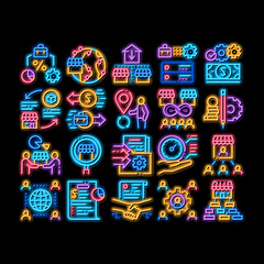 Poster - Outsource Management neon light sign vector. Glowing bright icon Outsource Team And World Business Process, Agreement Document And Job Payment Illustrations