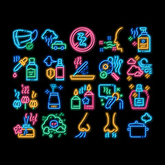 Wall Mural - Odor Aroma And Smell neon light sign vector. Glowing bright icon Nose Breathing Aromatic Odor And Clean Air, Perfume And Oil Bottle, Facial Mask And Candle Illustrations