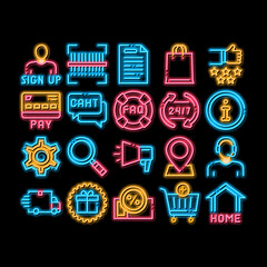 Poster - Webshop Internet Store neon light sign vector. Glowing bright icon Webshop Online Shop Coupon And Buy, Chat And Faq, Information And Pay Illustrations