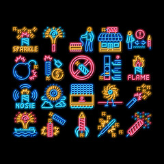 Poster - Firework Pyrotechnic neon light sign vector. Glowing bright icon Flash rocket And Salute, Christmas Explosive Firework And Festival Lights, Illustrations