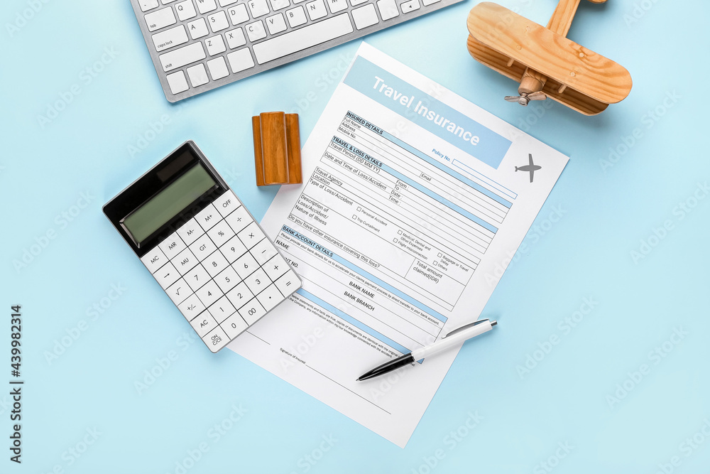 Composition with travel insurance and calculator on color background