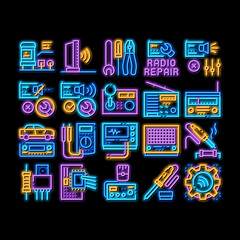 Poster - Radio Repair Service neon light sign vector. Glowing bright icon Radio Repair Electronic And Mechanical Equipment Soldering Iron And Ammeter Illustrations