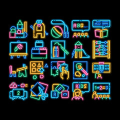 Poster - Preschool Education neon light sign vector. Glowing bright icon Preschool Educational Game And Lessons, Teacher And Kids, Painting And Count Illustrations