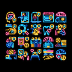 Poster - Health Insurance Care neon light sign vector. Glowing bright icon Medical Insurance Agreement And Healthcare Service, Ambulance Car And Hospital Ward Illustrations