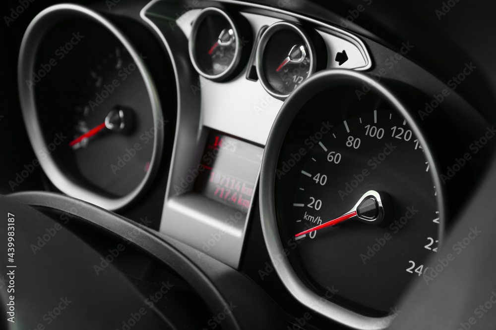 View of dashboard in modern car, closeup