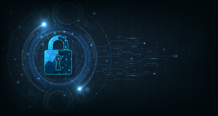 Fototapete -  Data prevent and Cyber security design.Visualization of cyber security With Padlock  lock on dark blue background.Cyber security and Technology concept.Vector illustration.Eps10