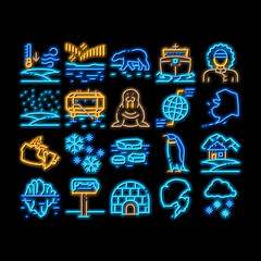 Wall Mural - Arctic And Antarctic neon light sign vector. Glowing bright icon Arctic Snow And Ice, Iceberg And Bear, Station And Ship, Penguin And Walrus Illustrations