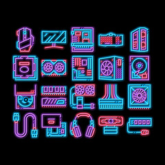 Poster - Computer Technology neon light sign vector. Glowing bright icon Computer Mouse And Keyboard, Monitor And Video Card, Earphones And Cooler, Disk And Cord Illustrations