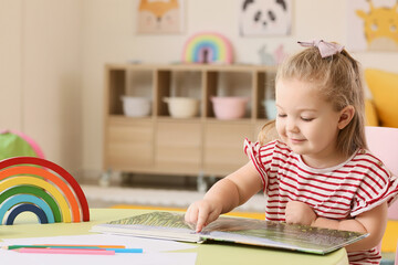 Sticker - Little girl reading book in room