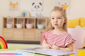 Poster - Little girl reading book in room