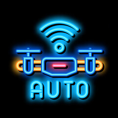 Poster - drone auto return home neon light sign vector. Glowing bright icon drone auto return home sign. transparent symbol illustration
