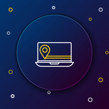 Line Laptop with location marker icon isolated on blue background. Colorful outline concept. Vector