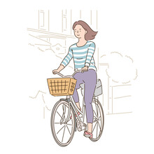 A Woman Is Riding A Bicycle With A Basket. Hand Drawn Style Vector Design Illustrations. 