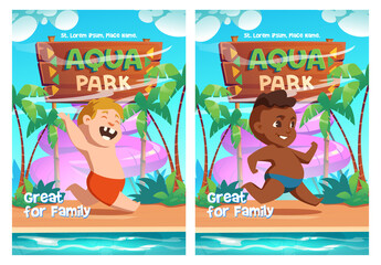 Aqua park cartoon ad posters with happy kids playing in amusement aquapark with water attractions. Boys run near slides and swimming pool, children entertainment, great for family fun Vector design