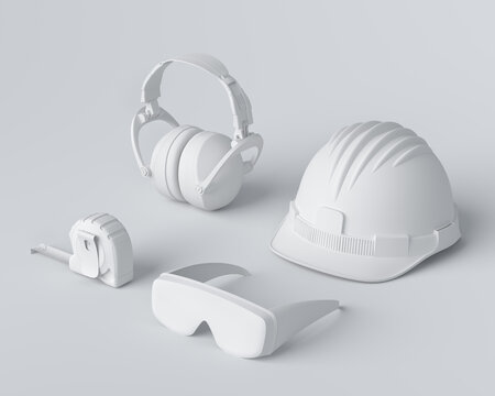 Isometric view of monochrome construction tools for repair on white