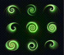 Set Of Luminous Green Spirals On A Transparent Background. Light Green Moving Curls. Neon Green Abstract Light Lines Move Quickly In A Circle. Digital Design Element For Advertising, Logo, Games, Fram