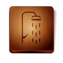 Poster - Brown Shower head with water drops flowing icon isolated on white background. Wooden square button. Vector