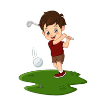 Cartoon Cute Little Boy Playing Golf