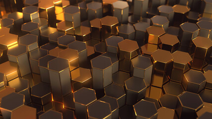 Wall Mural - Abstract futuristic background with gold and black hexagons. 3d render illustration