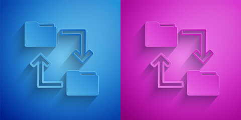 Poster - Paper cut Cloud storage text document folder icon isolated on blue and purple background. Paper art style. Vector