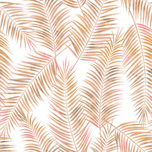 Tropical Summer Palm Leaves Print Pattern. Muted Boho Colors. Subdued Tropic, Dried Palm Leaves. Vector Watercolor Seamless Pattern.