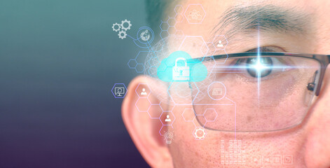 Poster - Human eye recognition face ID scanning process. Close up of eye man with digital interface. Human eye and high-tech concept, screening big data and digital transformation technology strategy