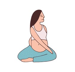 Poster - Young pregnant woman with belly sitting in yoga position. Relaxed female exercising and training during pregnancy. Mom's workout. Colored flat vector illustration isolated on white background