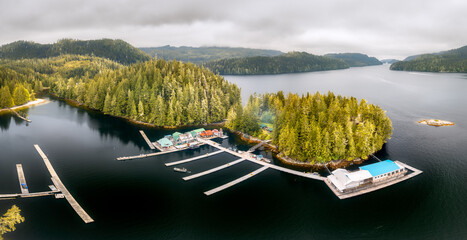 Sticker - Aerial view of Echo Bay Lodge in Gilford Island, British Columbia, Canada