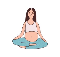 Poster - Young calm pregnant woman sitting in yoga position during meditation. Relaxed mother with belly meditating. Focused and balanced female during pregnancy. Flat vector illustration isolated on white