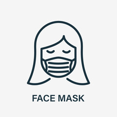 Wall Mural - Woman in Medical Face Mask Line Icon. Face Protection Mask Cover Nose and Mouth of Girl. Wear Respirator against Air Pollution, Virus, Allergy and Dust. Editable stroke. Vector illustration