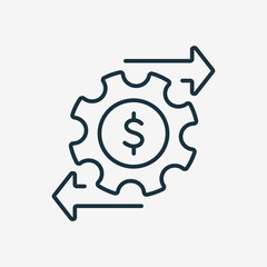 Financial Money Management Line Icon. Operating Cost symbol. Gear and Arrow Line Icon. Process of Making Money. Editable stroke. Vector illustration