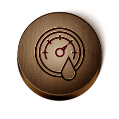 Poster - Brown line Sauna thermometer icon isolated on white background. Sauna and bath equipment. Wooden circle button. Vector