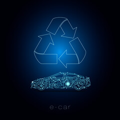 recycling an electric car - symbol icon on blue black background