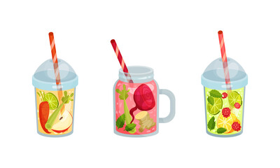 Smoothie in Glass and Jar with Different Ingredients Mixing Together and Straw Vector Set