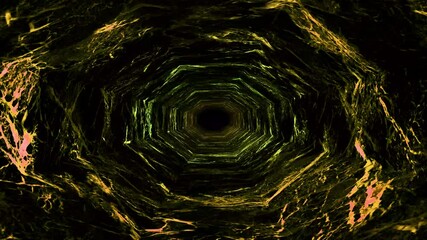 Wall Mural - Abstract fantasy background 3D animation, moving through a dark stone cave, tunnel, or wormhole with glowing walls